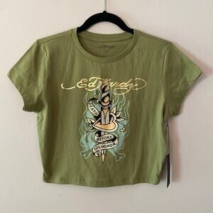 NWT Ed Hardy Green Cropped Baby Tee Death Before Dishonor Women's size Large